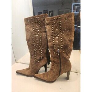 Cesare Paciotti Women's Brown Suede Studded Heel Boots Size 8.5 Made in Italy